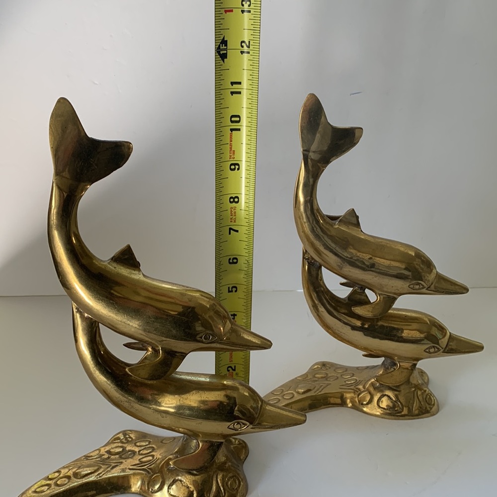 Mid Century Modern Brass Dolphins Vintage Set Of Two Brass Sculptures - Picture 2 of 7